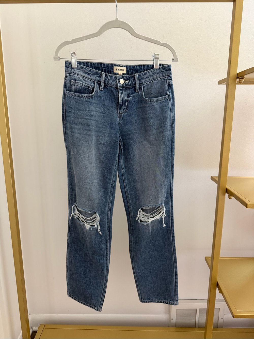 Women's Distressed Low-Rise Straight Jeans - Dark Blue